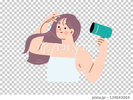 一個女人用吹風機吹乾她的頭髮的插圖 一個女人用吹風機吹乾她的頭髮的插圖 139843084