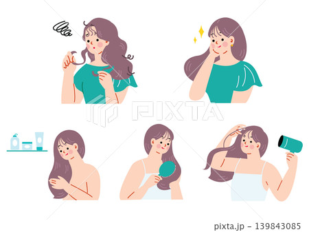 ヘアケアをする女性のイラストセット ヘアケアをする女性のイラストセット 139843085
