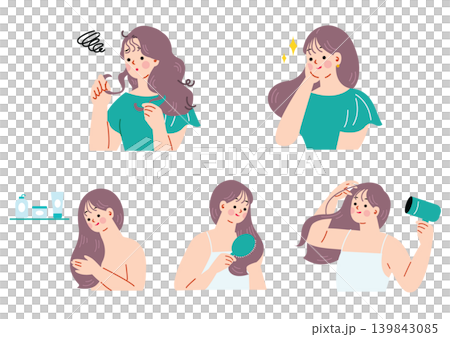 ヘアケアをする女性のイラストセット ヘアケアをする女性のイラストセット 139843085