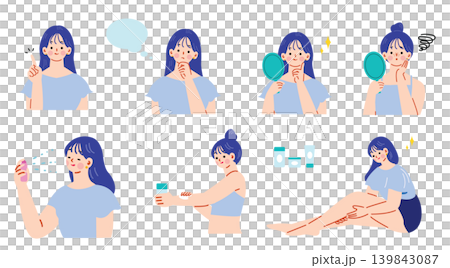 一組描繪女性進行身體護理的插圖。 一組描繪女性進行身體護理的插圖。 139843087