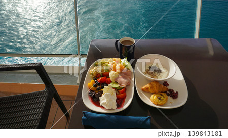 Dining Room Buffet aboard the abstract luxury cruise ship. Healthy breakfast at modern liner concept Dining Room Buffet aboard the abstract luxury cruise ship. Healthy breakfast at modern liner concept 139843181