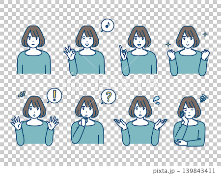 A set of illustrations depicting various emotions of young women. A set of illustrations depicting various emotions of young women. 139843411
