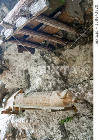 Carved cave tomb with a buffalo head in a Toraja sanctuary, Sulawesi, Indonesia 139843820