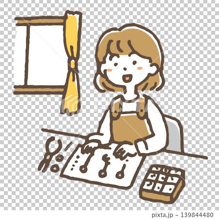 ハンドメイド作品を制作している女性のイラスト。 ハンドメイド作品を制作している女性のイラスト。 139844480