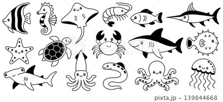 Cute black sea animals illustration set, simple monochrome marine life clipart with shark, turtle, crab, octopus, jellyfish, fish, seahorse and stingray for sticker, print and apparel design 139844668