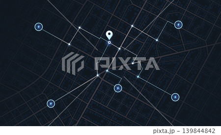 Location tracks dashboard. Path turns and destination tag or mark. Huge city top view. Tracking path and route planning from home to office. Determining location on plan of abstract Isometric city Location tracks dashboard. Path turns and destination tag or mark. Huge city top view. Tracking path and route planning from home to office. Determining location on plan of abstract Isometric city 139844842