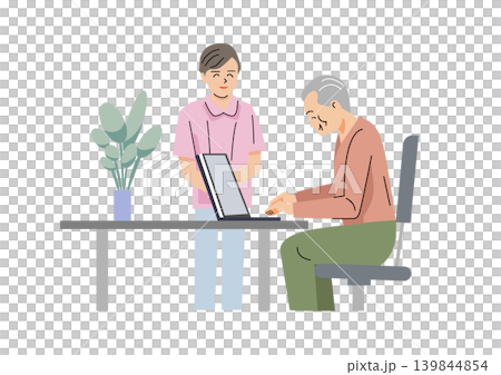 「溫柔福利與關懷向量系列」：老人學習使用電腦，護理師在旁照顧。 139844854