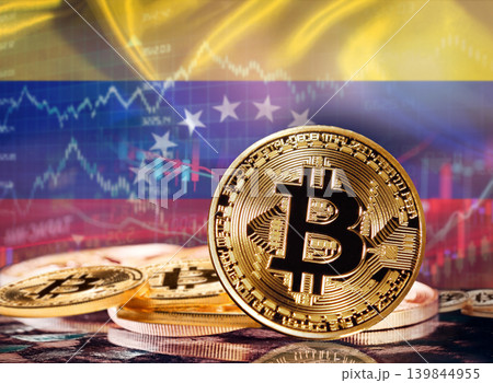 Bitcoin with Venezuelan flag in the background. Investors in cryptocurrency and Blockchain Technology in Venezuela, Concept 139844955