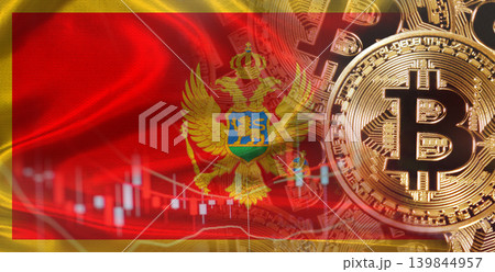 Bitcoin cryptocurrency with Montenegro flag, Investors in Blockchain Technology. Montenegrin flag with Bitcoins in the background Bitcoin cryptocurrency with Montenegro flag, Investors in Blockchain Technology. Montenegrin flag with Bitcoins in the background 139844957