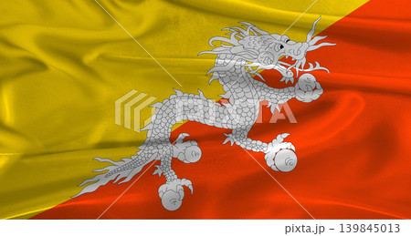 Flag of Bhutan with fabric textured background. Close up of National flag of Bhutan with realistic texture Flag of Bhutan with fabric textured background. Close up of National flag of Bhutan with realistic texture 139845013