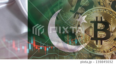 Bitcoin cryptocurrency with Pakistan flag, Investors in Blockchain Technology. Pakistani flag with Bitcoins in the background Bitcoin cryptocurrency with Pakistan flag, Investors in Blockchain Technology. Pakistani flag with Bitcoins in the background 139845032
