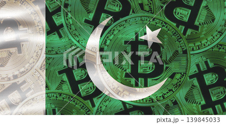 Pakistani flag with Bitcoins in the background. Bitcoin cryptocurrency with Pakistan flag, Investors in Blockchain Technology Pakistani flag with Bitcoins in the background. Bitcoin cryptocurrency with Pakistan flag, Investors in Blockchain Technology 139845033