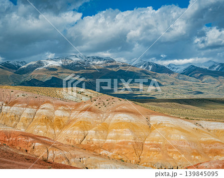 A panoramic view of the Altai region on Mars, featuring vibrant red and yellow stratified hills A panoramic view of the Altai region on Mars, featuring vibrant red and yellow stratified hills 139845095