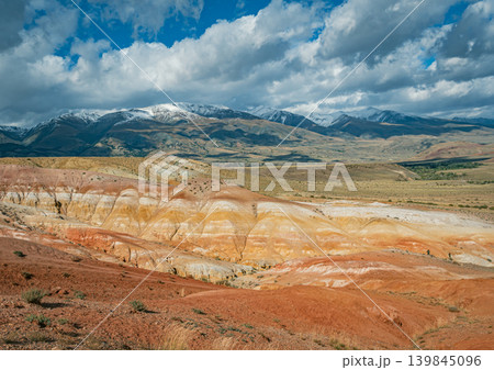 A panoramic view of the Altai region on Mars, featuring vibrant red and yellow stratified hills A panoramic view of the Altai region on Mars, featuring vibrant red and yellow stratified hills 139845096