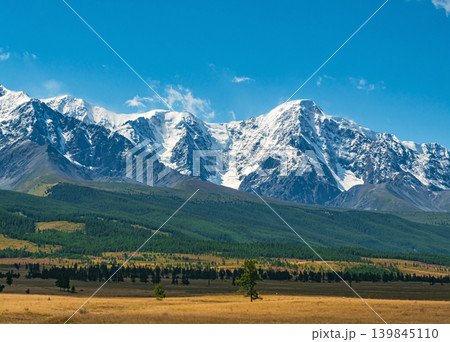 Grand Altai mountains display their snow-covered peaks. Lush green forest covers the foothills below Grand Altai mountains display their snow-covered peaks. Lush green forest covers the foothills below 139845110