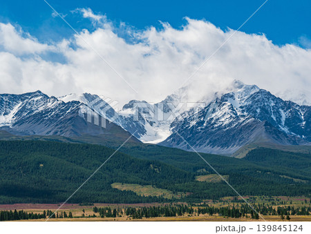 Grand Altai mountains display their snow-covered peaks, partially hidden by soft white clouds. Lush green forest covers the foothills below Grand Altai mountains display their snow-covered peaks, partially hidden by soft white clouds. Lush green forest covers the foothills below 139845124
