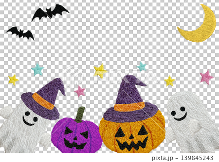 [Ghost Pumpkin, Bat, and Moon Horizontal Frame] Hand Embroidery Illustration Material 139845243