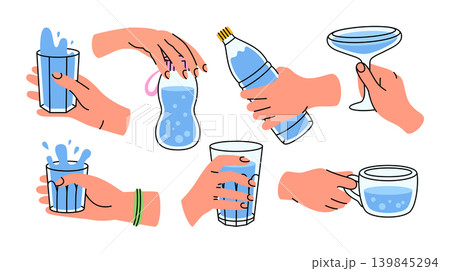 Colorful illustrations of different positions of human hands holding glass containers with lids with water in cartoon linear style. Icons of a bottle, a glass, a cup, a jar, a shot glass, a container. 139845294