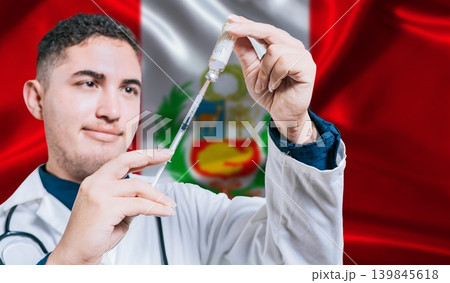 Doctor holding syringe on Peru flag background. Medical professional holding syringe with Peruvian flag in the background 139845618