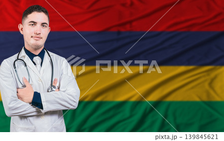 Portrait of medical professional on Mauritius flag background. Mauritian national health system Portrait of medical professional on Mauritius flag background. Mauritian national health system 139845621
