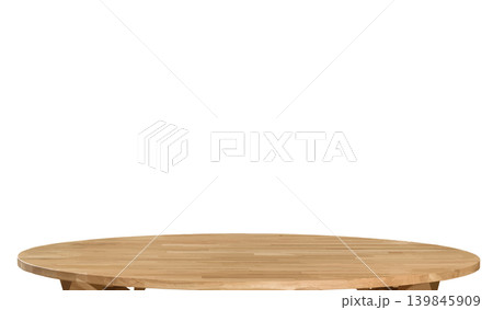 Wooden table top, dinner table surface isolated over white background photo. Natural wood furniture close view 139845909