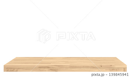 Wooden table top surface isolated over white background. Solid wood furniture close view 3D illustration. Empty table top cooking presentation template 139845941