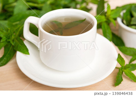 Cup of mint tea on table background. Green tea with fresh mint top view with copy space 139846438