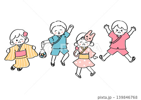 元気にジャンプをする浴衣や甚平姿の子どもたちのイラスト 139846768
