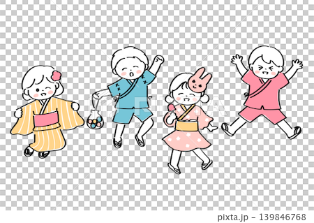 元気にジャンプをする浴衣や甚平姿の子どもたちのイラスト 139846768