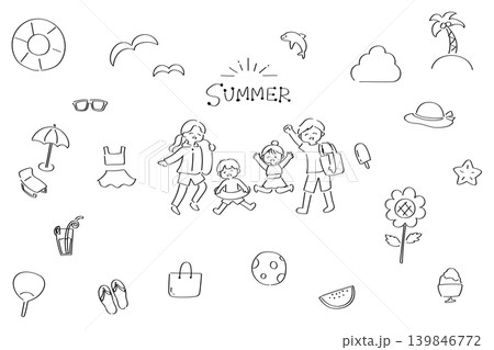 プール・海水浴を楽しむファミリーのかわいい線画イラスト 139846772
