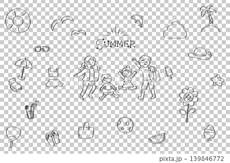 プール・海水浴を楽しむファミリーのかわいい線画イラスト 139846772