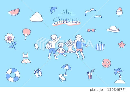 夏のレジャーを楽しむファミリーと夏のアイテムのイラストセット 139846774