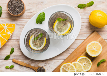 Healthy breakfast or morning with chia seeds lemon and mint on table background, vegetarian food, diet and health concept. Chia pudding with lemon and mint 139846892