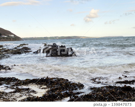 Empty Ocean Beach With Stormy Waves Background Empty Ocean Beach With Stormy Waves Background 139847073