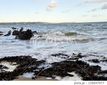 Empty Ocean Beach With Stormy Waves Background Empty Ocean Beach With Stormy Waves Background 139847077