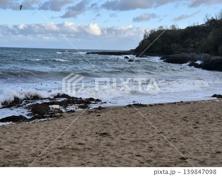 Empty Ocean Beach With Stormy Waves Background Empty Ocean Beach With Stormy Waves Background 139847098