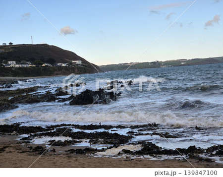 Empty Ocean Beach With Stormy Waves Background Empty Ocean Beach With Stormy Waves Background 139847100
