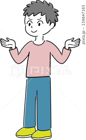 両手を広げた勝ち気な笑顔の男性の全身シンプルイラスト（案内・解説・比較・お手上げ・人物） 139847165