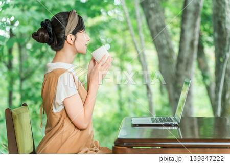 ワーケーション,滞在先で仕事をする一息つく,休憩する女性(お茶,飲む) ワーケーション,滞在先で仕事をする一息つく,休憩する女性(お茶,飲む) 139847222
