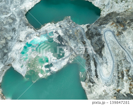 Open pit mine industry. Limestone quarry with backhoe and truck in operation. Heavy machinery in mining industry and construction material supply. Landscape of resource extraction in a industrial site 139847281