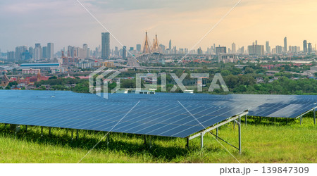Sustainable city with green energy and net zero emissions. Solar power. Renewable resources. Eco-friendly urban planning and environmental conservation. Carbon neutrality. Eco-conscious infrastructure 139847309