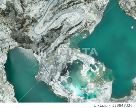 Open pit mine industry. Limestone quarry with backhoe and truck in operation. Heavy machinery in mining industry and construction material supply. Landscape of resource extraction in a industrial site Open pit mine industry. Limestone quarry with backhoe and truck in operation. Heavy machinery in mining industry and construction material supply. Landscape of resource extraction in a industrial site 139847326