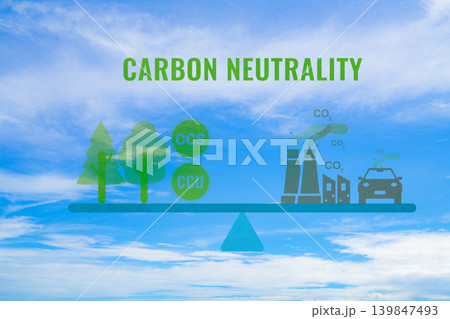 Carbon neutrality concept. CO2 emissions from factory and transport pollution counterweighted by forest absorption and CCU, CCS, capture technology. Climate action. CO2 neutral balancing scale. 139847493