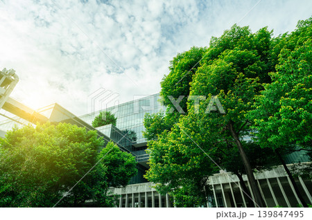 Sustainable green building. Eco-friendly building. Sustainable glass office building with tree for reducing carbon dioxide. Office with green environment. Corporate building reduce CO2. Safety glass. Sustainable green building. Eco-friendly building. Sustainable glass office building with tree for reducing carbon dioxide. Office with green environment. Corporate building reduce CO2. Safety glass. 139847495