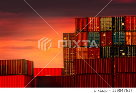 Container logistic. Cargo and shipping business. Container ship for import and export logistic. Container freight station. Logistic industry from port to port. Container at harbor for truck transport. Container logistic. Cargo and shipping business. Container ship for import and export logistic. Container freight station. Logistic industry from port to port. Container at harbor for truck transport. 139847617