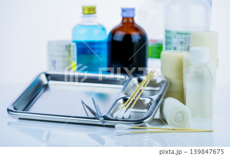 Medical equipment for treating infections. Wound care dressing set. Medical supplies for nurses. Conform bandage, forceps, cotton stick, alcohol. Sterile dressing materials. Healthcare equipment. Medical equipment for treating infections. Wound care dressing set. Medical supplies for nurses. Conform bandage, forceps, cotton stick, alcohol. Sterile dressing materials. Healthcare equipment. 139847675