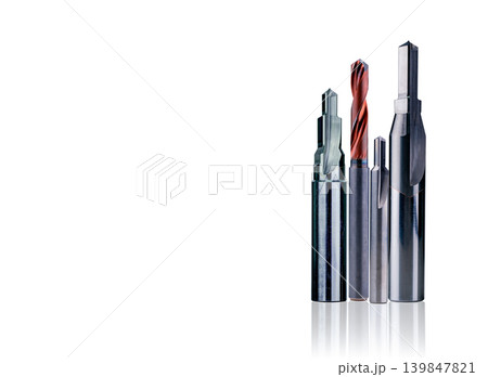Special tools isolated on white background. Made to order special tools. Coated step drill and reamer detail. HSS cemented carbide. Carbide cutting tool for industrial applications. Engineering tools. Special tools isolated on white background. Made to order special tools. Coated step drill and reamer detail. HSS cemented carbide. Carbide cutting tool for industrial applications. Engineering tools. 139847821
