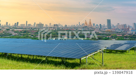 Sustainable city with green energy and net zero emissions. Solar power. Renewable resources. Eco-friendly urban planning and environmental conservation. Carbon neutrality. Eco-conscious infrastructure 139847918