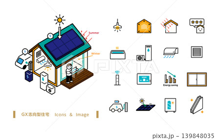 GX志向型住宅のアイソメイラスト&アイコン。高気密高断熱、HEMS,ZEH、パッシブデザイン、日射取 GX志向型住宅のアイソメイラスト&アイコン。高気密高断熱、HEMS,ZEH、パッシブデザイン、日射取 139848035
