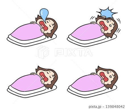 鼻提灯を作って眠る姿とそれが割れて驚き目覚めるコミカルな女性のイラストセット 鼻提灯を作って眠る姿とそれが割れて驚き目覚めるコミカルな女性のイラストセット 139848042